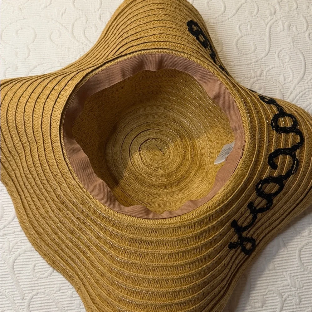 Tan Straw Sun Hat with Black Embroidery “On Vacation”